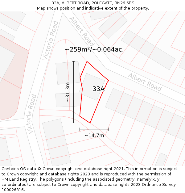 33A, ALBERT ROAD, POLEGATE, BN26 6BS: Plot and title map