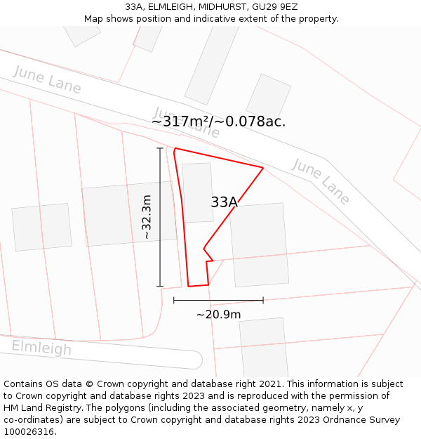 33A, ELMLEIGH, MIDHURST, GU29 9EZ: Plot and title map