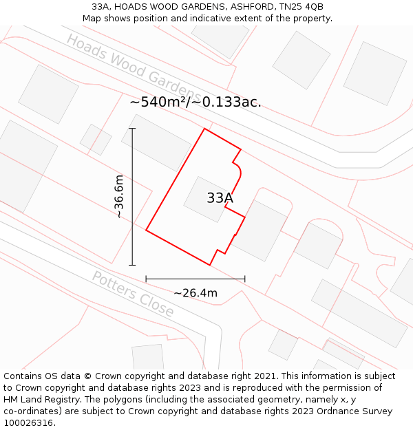 33A, HOADS WOOD GARDENS, ASHFORD, TN25 4QB: Plot and title map