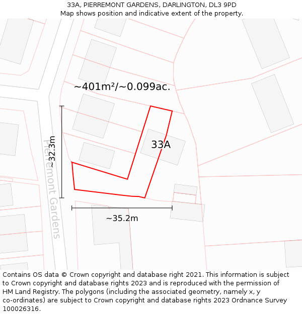 33A, PIERREMONT GARDENS, DARLINGTON, DL3 9PD: Plot and title map