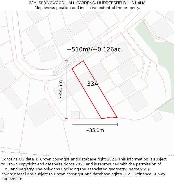 33A, SPRINGWOOD HALL GARDENS, HUDDERSFIELD, HD1 4HA: Plot and title map