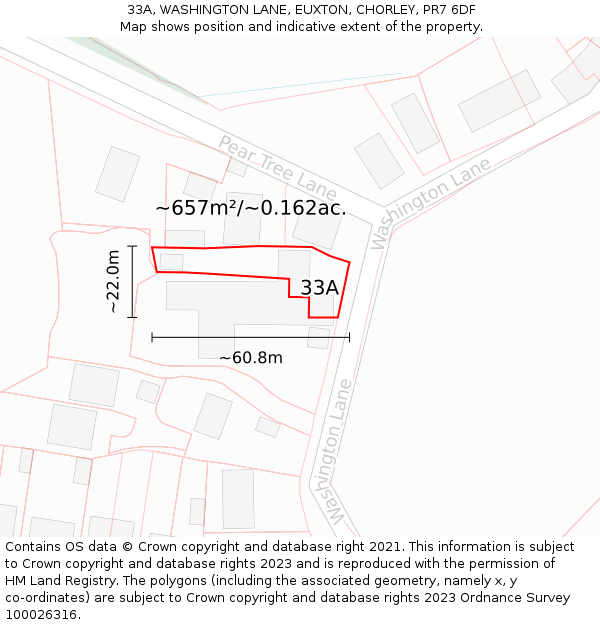 33A, WASHINGTON LANE, EUXTON, CHORLEY, PR7 6DF: Plot and title map