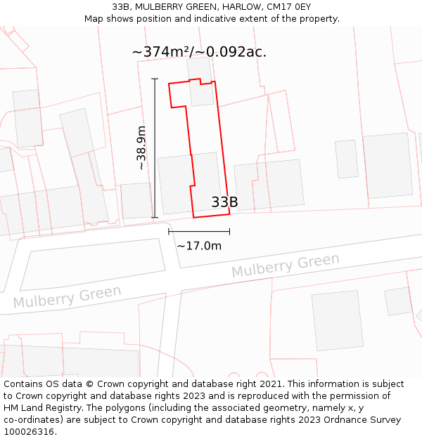 33B, MULBERRY GREEN, HARLOW, CM17 0EY: Plot and title map