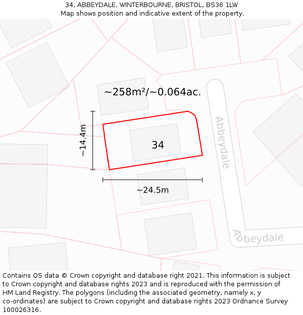 34, ABBEYDALE, WINTERBOURNE, BRISTOL, BS36 1LW: Plot and title map