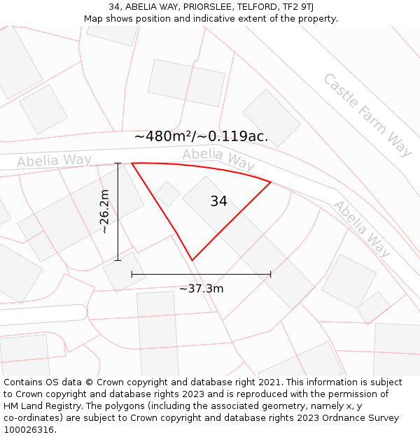 34, ABELIA WAY, PRIORSLEE, TELFORD, TF2 9TJ: Plot and title map