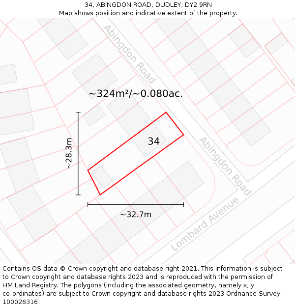 34, ABINGDON ROAD, DUDLEY, DY2 9RN: Plot and title map