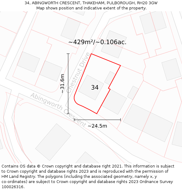 34, ABINGWORTH CRESCENT, THAKEHAM, PULBOROUGH, RH20 3GW: Plot and title map