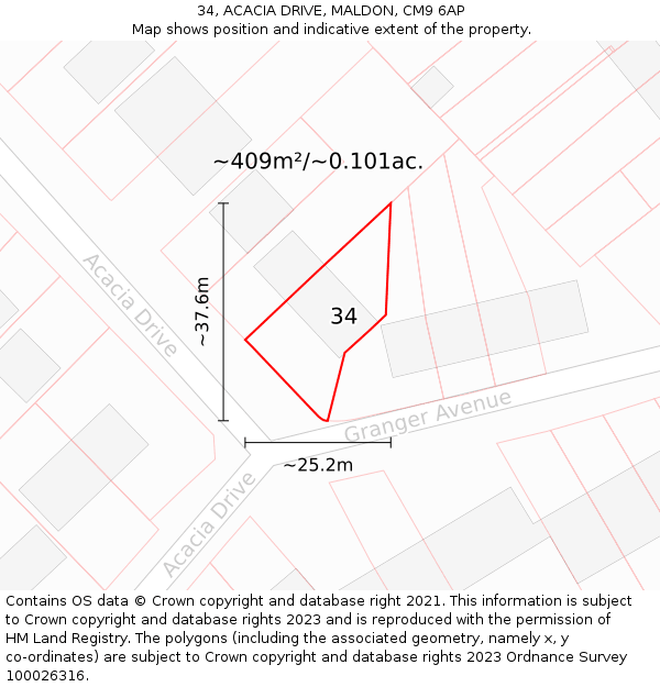 34, ACACIA DRIVE, MALDON, CM9 6AP: Plot and title map