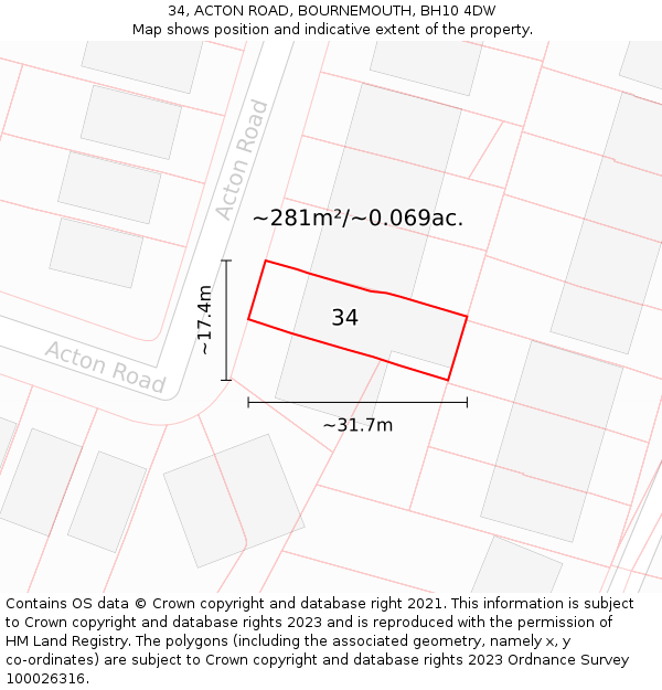 34, ACTON ROAD, BOURNEMOUTH, BH10 4DW: Plot and title map