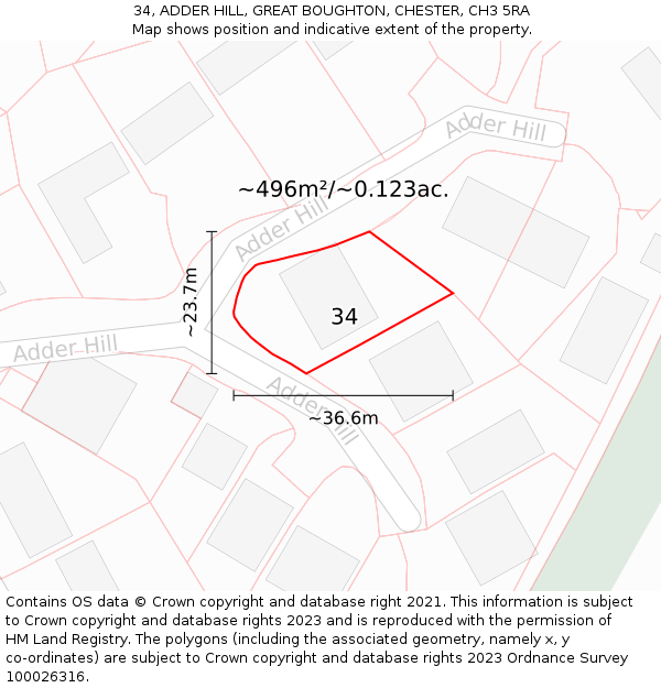 34, ADDER HILL, GREAT BOUGHTON, CHESTER, CH3 5RA: Plot and title map