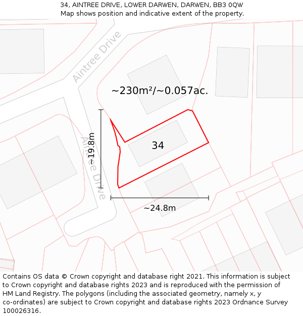 34, AINTREE DRIVE, LOWER DARWEN, DARWEN, BB3 0QW: Plot and title map