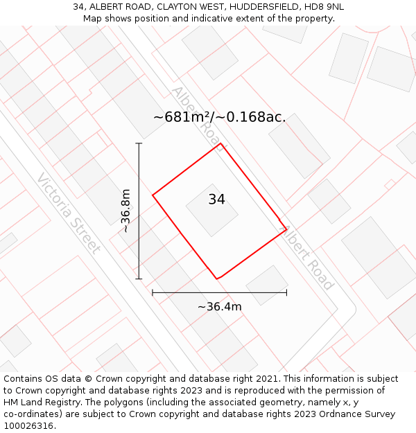 34, ALBERT ROAD, CLAYTON WEST, HUDDERSFIELD, HD8 9NL: Plot and title map