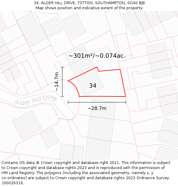 34, ALDER HILL DRIVE, TOTTON, SOUTHAMPTON, SO40 8JB: Plot and title map