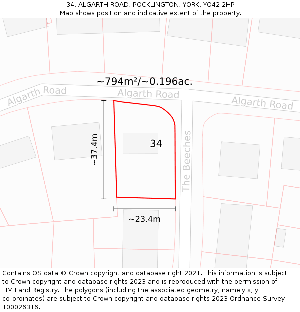 34, ALGARTH ROAD, POCKLINGTON, YORK, YO42 2HP: Plot and title map