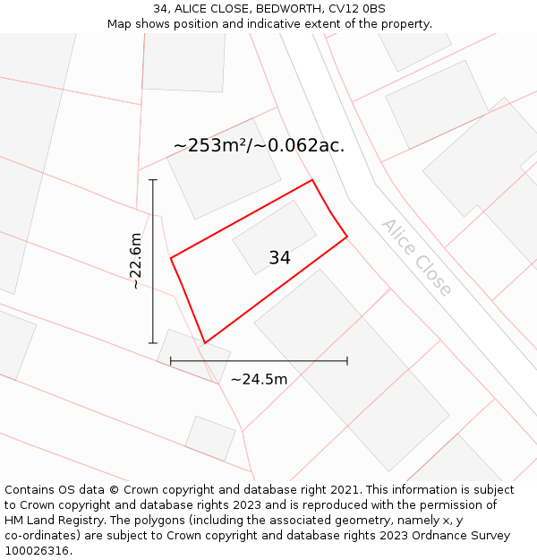 34, ALICE CLOSE, BEDWORTH, CV12 0BS: Plot and title map