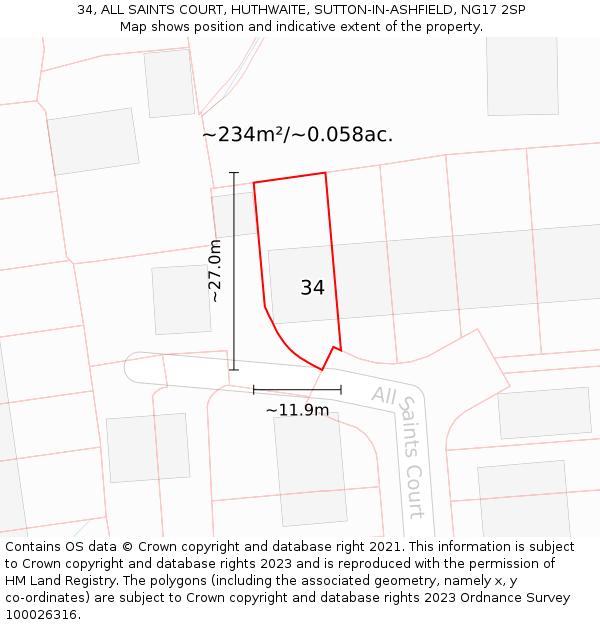 34, ALL SAINTS COURT, HUTHWAITE, SUTTON-IN-ASHFIELD, NG17 2SP: Plot and title map