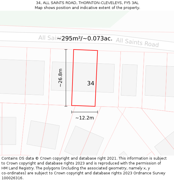 34, ALL SAINTS ROAD, THORNTON-CLEVELEYS, FY5 3AL: Plot and title map