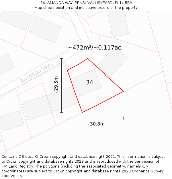 34, AMANDA WAY, PENSILVA, LISKEARD, PL14 5RA: Plot and title map