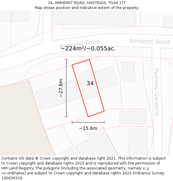 34, AMHERST ROAD, HASTINGS, TN34 1TT: Plot and title map