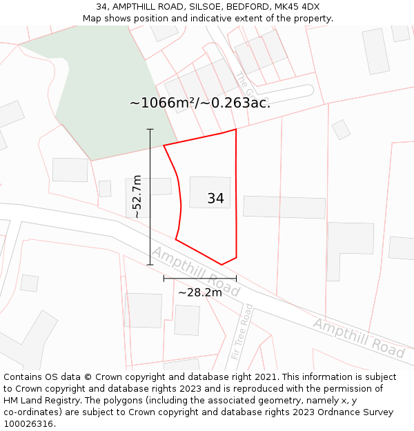 34, AMPTHILL ROAD, SILSOE, BEDFORD, MK45 4DX: Plot and title map