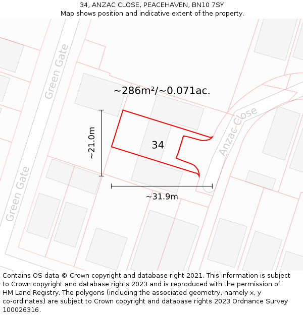 34, ANZAC CLOSE, PEACEHAVEN, BN10 7SY: Plot and title map