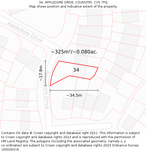 34, APPLEDORE DRIVE, COVENTRY, CV5 7PQ: Plot and title map