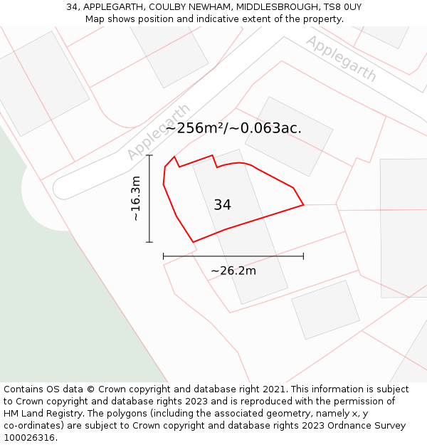 34, APPLEGARTH, COULBY NEWHAM, MIDDLESBROUGH, TS8 0UY: Plot and title map