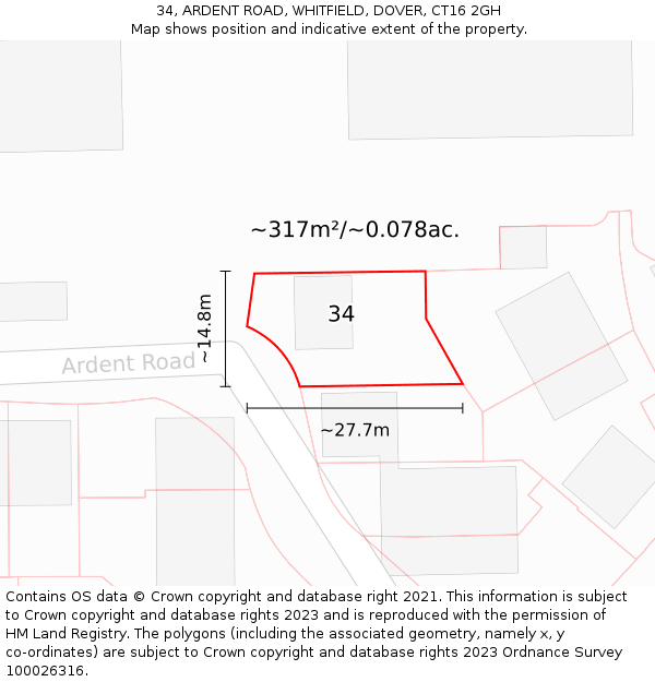 34, ARDENT ROAD, WHITFIELD, DOVER, CT16 2GH: Plot and title map