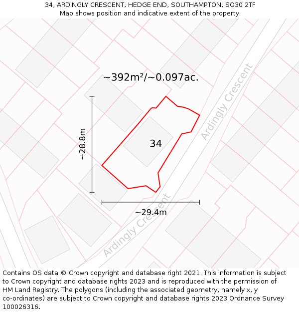 34, ARDINGLY CRESCENT, HEDGE END, SOUTHAMPTON, SO30 2TF: Plot and title map