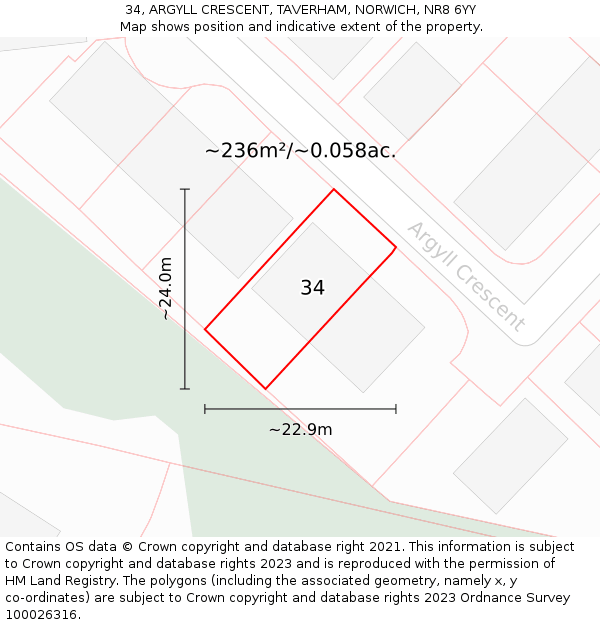 34, ARGYLL CRESCENT, TAVERHAM, NORWICH, NR8 6YY: Plot and title map