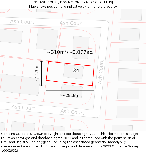 34, ASH COURT, DONINGTON, SPALDING, PE11 4XJ: Plot and title map