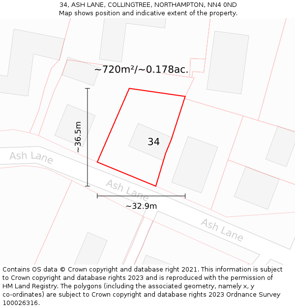 34, ASH LANE, COLLINGTREE, NORTHAMPTON, NN4 0ND: Plot and title map