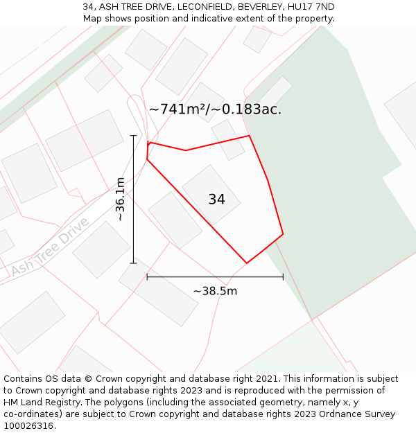 34, ASH TREE DRIVE, LECONFIELD, BEVERLEY, HU17 7ND: Plot and title map