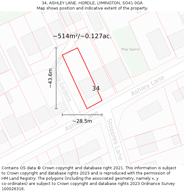 34, ASHLEY LANE, HORDLE, LYMINGTON, SO41 0GA: Plot and title map