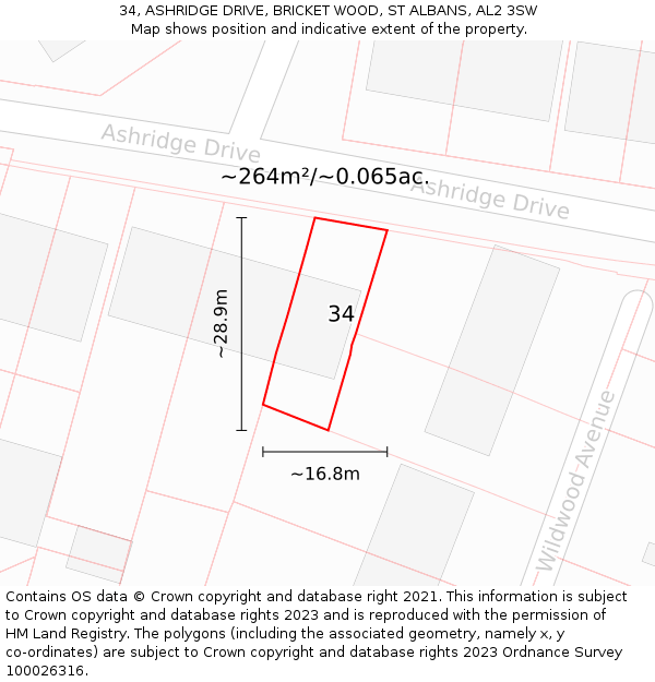 34, ASHRIDGE DRIVE, BRICKET WOOD, ST ALBANS, AL2 3SW: Plot and title map