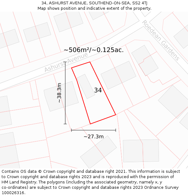 34, ASHURST AVENUE, SOUTHEND-ON-SEA, SS2 4TJ: Plot and title map