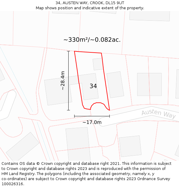 34, AUSTEN WAY, CROOK, DL15 9UT: Plot and title map