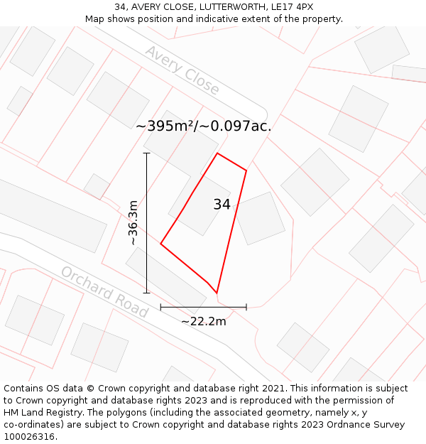 34, AVERY CLOSE, LUTTERWORTH, LE17 4PX: Plot and title map