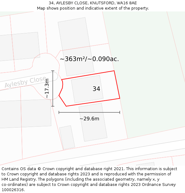 34, AYLESBY CLOSE, KNUTSFORD, WA16 8AE: Plot and title map