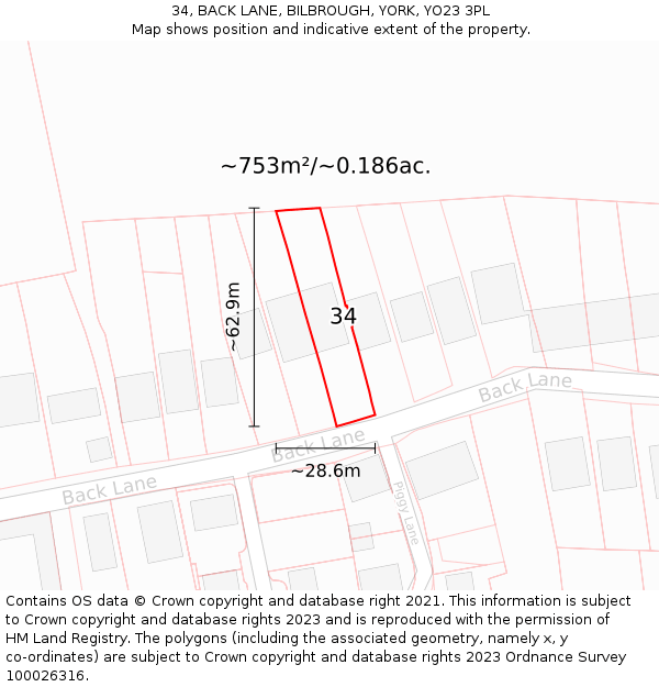 34, BACK LANE, BILBROUGH, YORK, YO23 3PL: Plot and title map