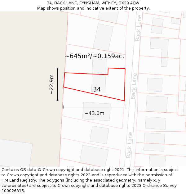 34, BACK LANE, EYNSHAM, WITNEY, OX29 4QW: Plot and title map