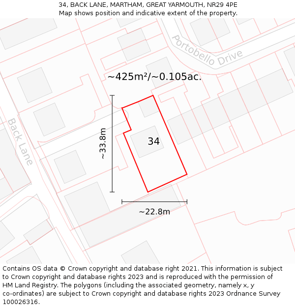 34, BACK LANE, MARTHAM, GREAT YARMOUTH, NR29 4PE: Plot and title map