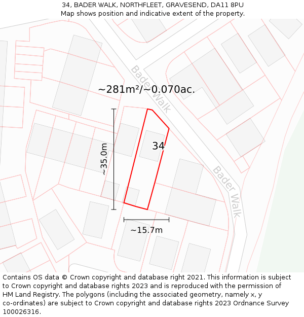 34, BADER WALK, NORTHFLEET, GRAVESEND, DA11 8PU: Plot and title map