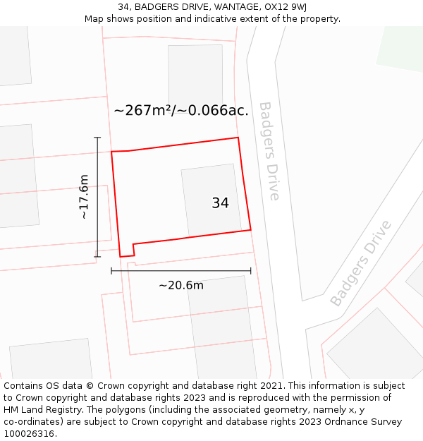 34, BADGERS DRIVE, WANTAGE, OX12 9WJ: Plot and title map