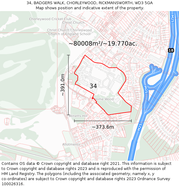 34, BADGERS WALK, CHORLEYWOOD, RICKMANSWORTH, WD3 5GA: Plot and title map