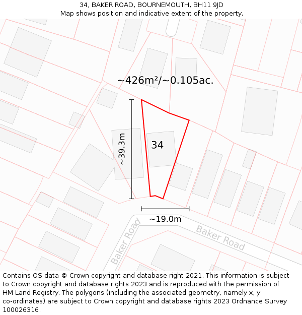 34, BAKER ROAD, BOURNEMOUTH, BH11 9JD: Plot and title map