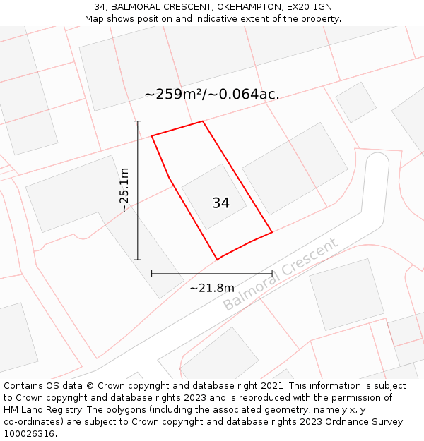 34, BALMORAL CRESCENT, OKEHAMPTON, EX20 1GN: Plot and title map