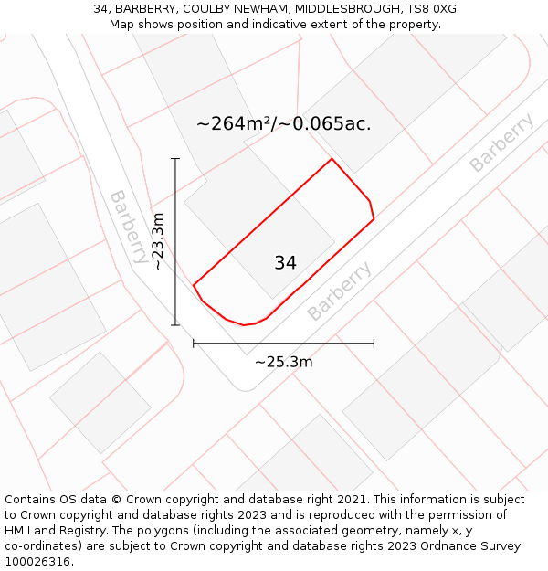 34, BARBERRY, COULBY NEWHAM, MIDDLESBROUGH, TS8 0XG: Plot and title map