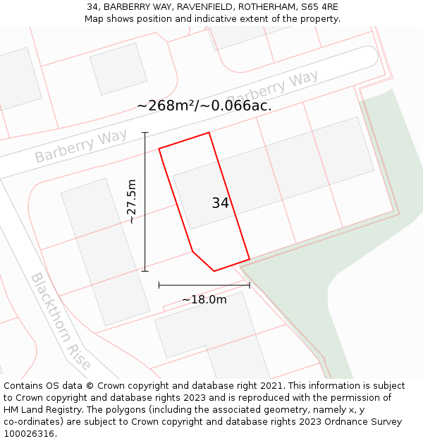 34, BARBERRY WAY, RAVENFIELD, ROTHERHAM, S65 4RE: Plot and title map