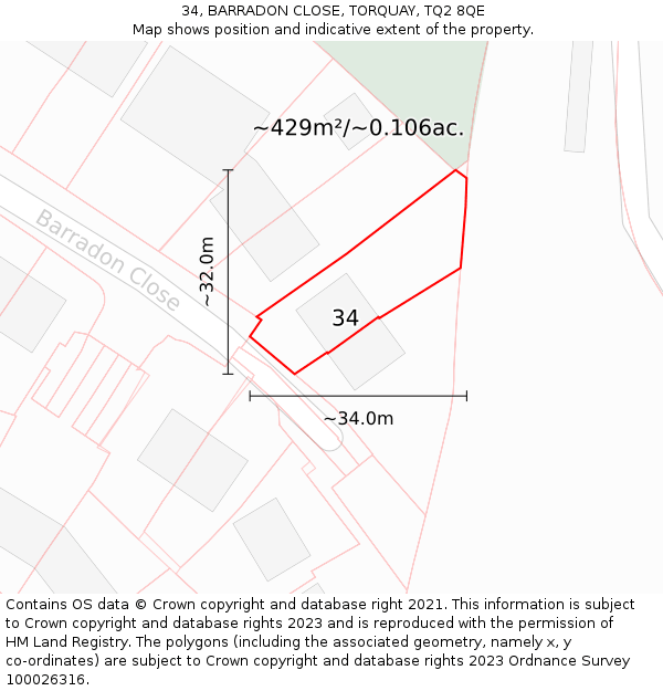 34, BARRADON CLOSE, TORQUAY, TQ2 8QE: Plot and title map